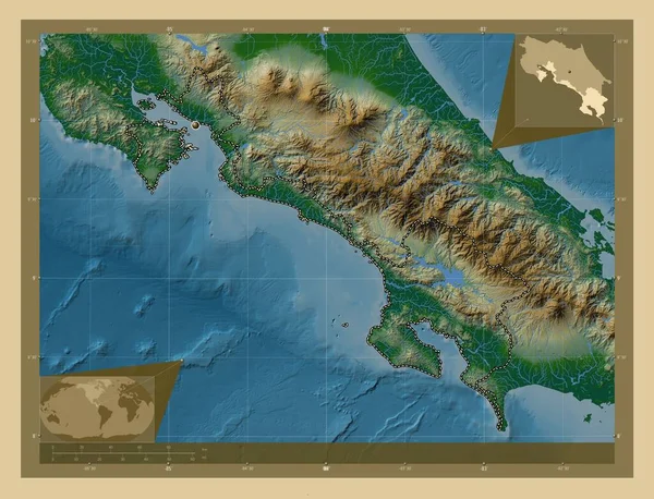 Puntarenas Costa Rica Tartomány Színes Domborzati Térkép Tavakkal Folyókkal Saroktérképek — Stock Fotó