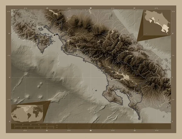 Puntarenas Επαρχία Της Κόστα Ρίκα Υψόμετρο Χάρτη Χρωματισμένο Τόνους Σέπια — Φωτογραφία Αρχείου