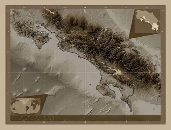 Puntarenas Provincie Kostarika Zdvihová Mapa Zbarvená Sépiovými Tóny Jezery Řekami — Stock fotografie