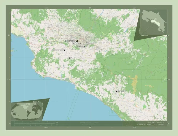 コスタリカのサンノゼ州 ストリートマップを開く 地域の主要都市の位置と名前 コーナー補助位置図 — ストック写真