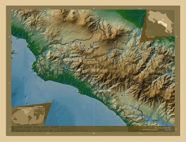 哥斯达黎加省圣何塞市 有湖泊和河流的彩色高程图 该区域主要城市的地点和名称 角辅助位置图 — 图库照片