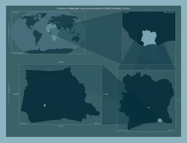 Abidjan 코트디부아르의 구이다 도표는 규모의 지도에서 지역의 위치를 줍니다 프레임 — 스톡 사진