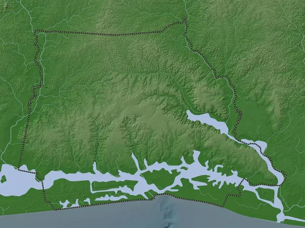 Abidjan, Cote d 'Ivoire' ın özerk bölgesi. Yükseklik haritası göller ve nehirlerle wiki stilinde renklendirilmiştir