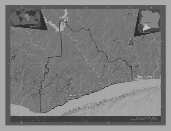 Bas Sassandra District Ivoorkust Hoogteplattegrond Met Meren Rivieren Locaties Namen — Stockfoto