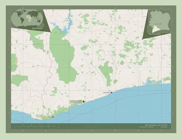 Bas Sassandra 科特迪瓦区 开放街道地图 该区域主要城市的地点和名称 角辅助位置图 — 图库照片