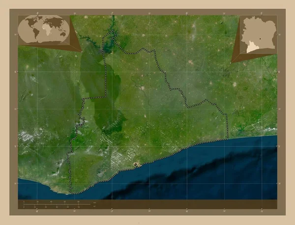 Bas Sassandra 科特迪瓦区 低分辨率卫星地图 角辅助位置图 — 图库照片