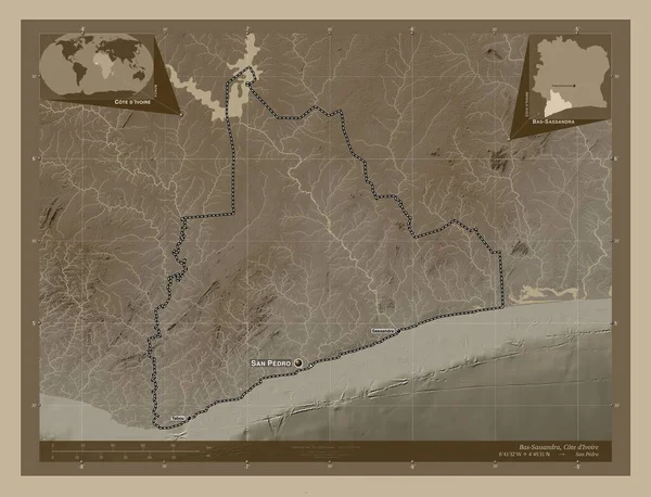 ディヴォワール県のバササンドラ 湖や川とセピアトーンで着色された標高マップ 地域の主要都市の位置と名前 コーナー補助位置図 — ストック写真