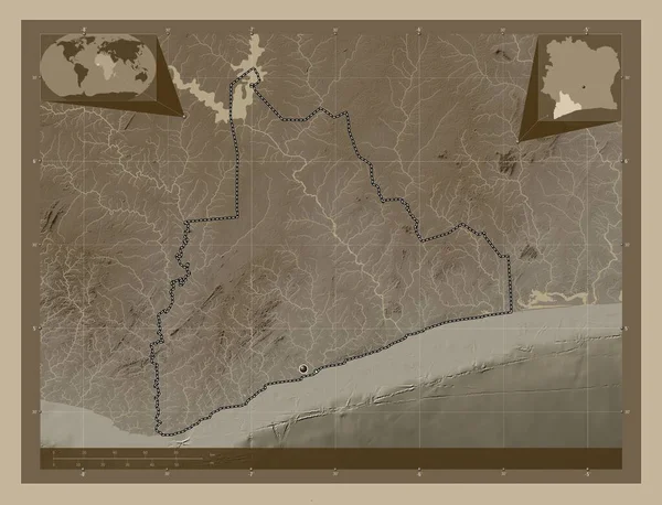 Bas Sassandra District Ivoorkust Hoogtekaart Gekleurd Sepia Tinten Met Meren — Stockfoto