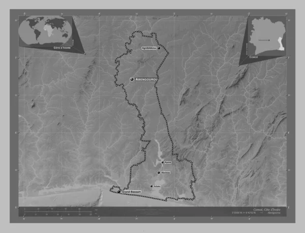 Comoe District Côte Ivoire Carte Altitude Niveaux Gris Avec Lacs — Photo