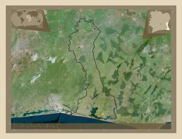 コート ディヴォワールの地区だ 高解像度衛星地図 地域の主要都市の場所 コーナー補助位置図 — ストック写真