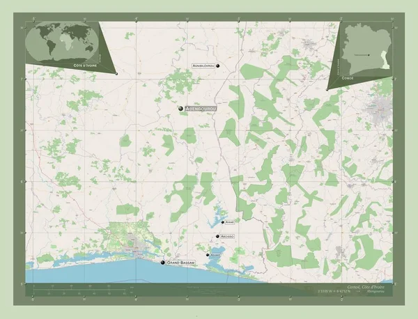 Comoe 科特迪瓦区 开放街道地图 该区域主要城市的地点和名称 角辅助位置图 — 图库照片