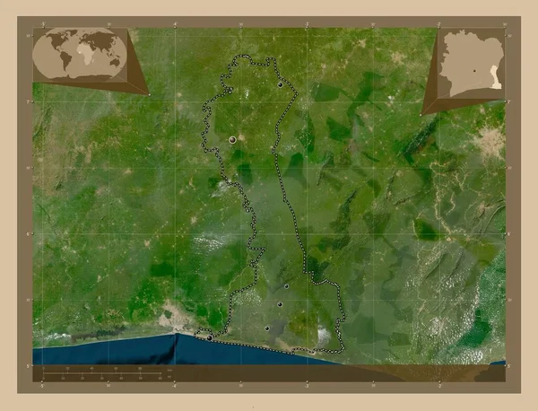 Comoe 科特迪瓦区 低分辨率卫星地图 该区域主要城市的所在地点 角辅助位置图 — 图库照片