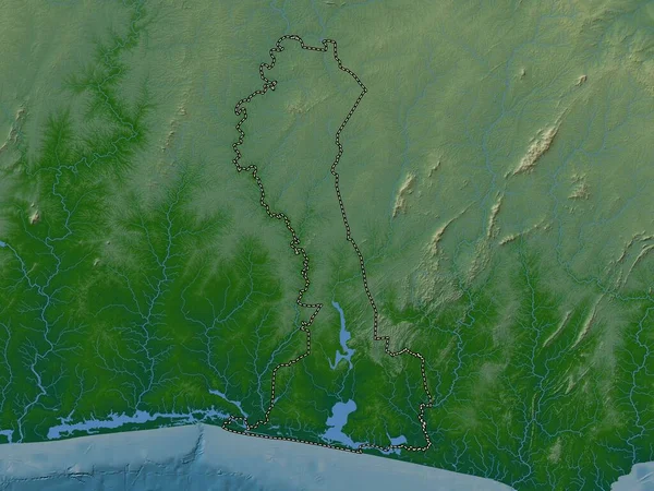 Comoe, Cote d 'Ivoire bölgesi. Gölleri ve nehirleri olan renkli yükseklik haritası