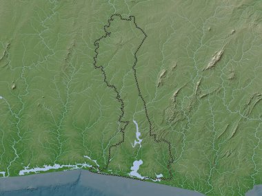 Comoe, Cote d 'Ivoire bölgesi. Yükseklik haritası göller ve nehirlerle wiki stilinde renklendirilmiştir