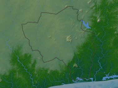 Goh-Djiboua, Fildişi Sahili. Gölleri ve nehirleri olan renkli yükseklik haritası