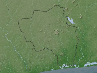 Goh-Djiboua, Fildişi Sahili. Yükseklik haritası göller ve nehirlerle wiki stilinde renklendirilmiştir