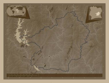 Lacs, Cote d 'Ivoire bölgesi. Yükseklik haritası sepya tonlarında göller ve nehirlerle renklendirilmiş. Köşedeki yedek konum haritaları