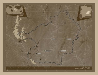 Lacs, Cote d 'Ivoire bölgesi. Yükseklik haritası sepya tonlarında göller ve nehirlerle renklendirilmiş. Bölgenin büyük şehirlerinin yerleri ve isimleri. Köşedeki yedek konum haritaları