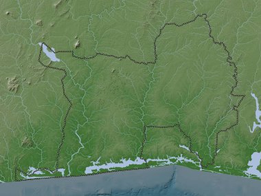 Lagunes, Cote d 'Ivoire bölgesi. Yükseklik haritası göller ve nehirlerle wiki stilinde renklendirilmiştir