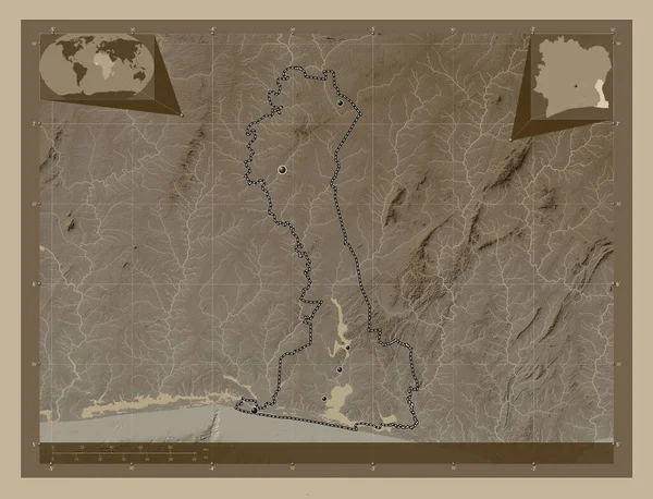 Comoe District Van Ivoorkust Hoogtekaart Gekleurd Sepia Tinten Met Meren — Stockfoto