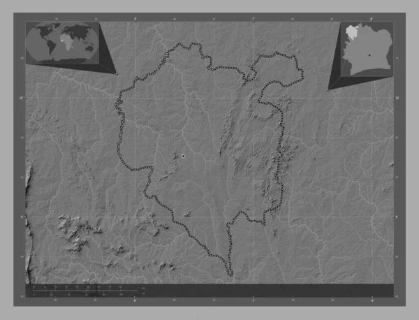 Denguele District Cote Ivoire Bilevel Elevation Map Lakes Rivers Locations — Stock Photo, Image