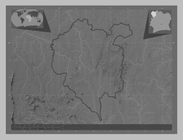 Denguele District Cote Ivoire Grayscale Elevation Map Lakes Rivers Locations — Stock Photo, Image