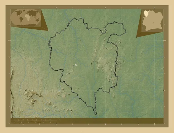 Denguele District Cote Ivoire Colored Elevation Map Lakes Rivers Locations — Stock Photo, Image