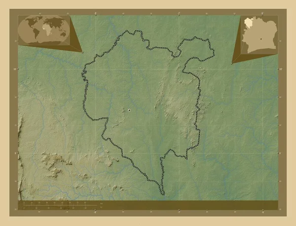 Denguele Distriktet Elfenbenskusten Färgade Höjd Karta Med Sjöar Och Floder — Stockfoto