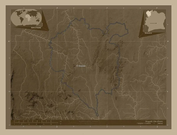 Denguele District Van Ivoorkust Hoogtekaart Gekleurd Sepia Tinten Met Meren — Stockfoto