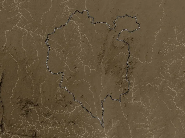 Denguele, Cote d 'Ivoire bölgesi. Yükseklik haritası sepya tonlarında göller ve nehirlerle renklendirilmiş