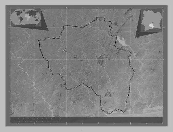 ディヴォワール県のゴー ジブア 湖や川とグレースケールの標高マップ コーナー補助位置図 — ストック写真