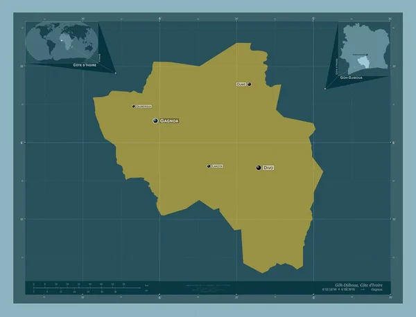 ディヴォワール県のゴー ジブア しっかりした色の形 地域の主要都市の位置と名前 コーナー補助位置図 — ストック写真