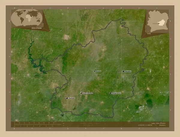 ディヴォワール地区のラック 低解像度衛星地図 地域の主要都市の位置と名前 コーナー補助位置図 — ストック写真