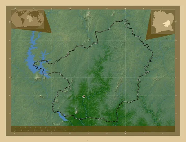Lacs Distriktet Elfenbenskusten Färgade Höjd Karta Med Sjöar Och Floder — Stockfoto