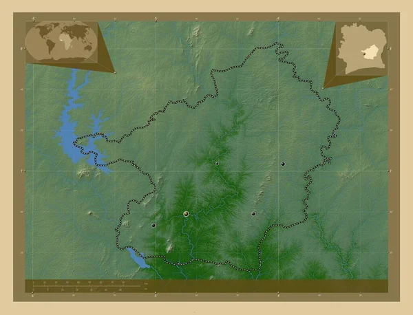 Lacs District Cote Ivoire Colored Elevation Map Lakes Rivers Locations — Stock Photo, Image