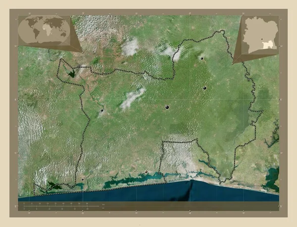 ラグネス Lagunes District Cote Ivoire 高解像度衛星地図 地域の主要都市の場所 コーナー補助位置図 — ストック写真