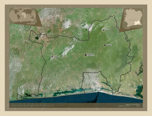 ラグネス Lagunes District Cote Ivoire 高解像度衛星地図 地域の主要都市の位置と名前 コーナー補助位置図 — ストック写真