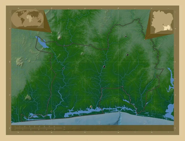 Lagunes District Van Ivoorkust Gekleurde Hoogtekaart Met Meren Rivieren Locaties — Stockfoto
