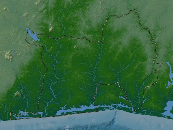 Lagunes, Cote d 'Ivoire bölgesi. Gölleri ve nehirleri olan renkli yükseklik haritası