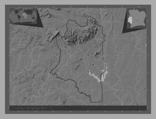 Montagnes Elefántcsontparti Körzet Kétszintes Domborzati Térkép Tavakkal Folyókkal Régió Nagyvárosainak — Stock Fotó