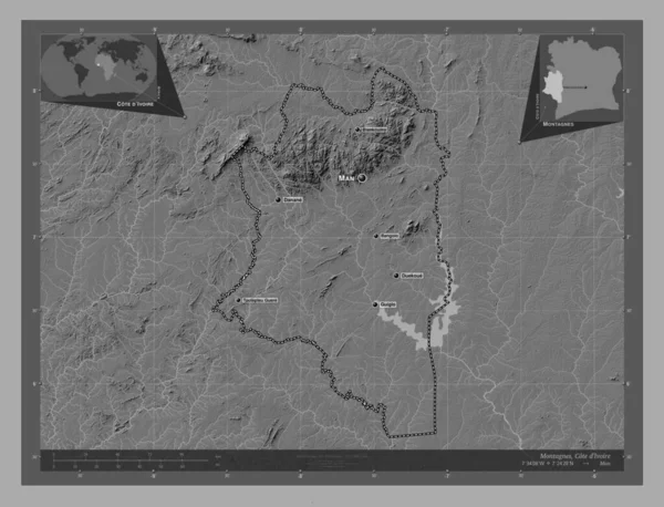 Montagnes Okręg Wybrzeża Kości Słoniowej Dwupoziomowa Mapa Jeziorami Rzekami Lokalizacje — Zdjęcie stockowe