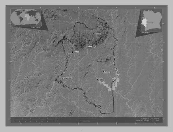 Montagnes District Cote Ivoire Grayscale Elevation Map Lakes Rivers Locations — Stock Photo, Image