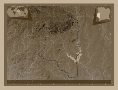Montagnes, Cote d 'Ivoire bölgesi. Yükseklik haritası sepya tonlarında göller ve nehirlerle renklendirilmiş. Köşedeki yedek konum haritaları