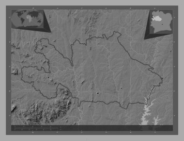 Woroba, Cote d 'Ivoire bölgesi. Göllü ve nehirli çift katlı yükseklik haritası. Bölgenin büyük şehirlerinin yerleri. Köşedeki yedek konum haritaları