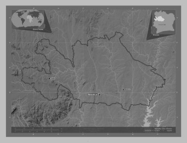 Woroba, Cote d 'Ivoire bölgesi. Gölleri ve nehirleri olan gri tonlama yükseklik haritası. Bölgenin büyük şehirlerinin yerleri ve isimleri. Köşedeki yedek konum haritaları
