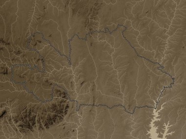 Woroba, Cote d 'Ivoire bölgesi. Yükseklik haritası sepya tonlarında göller ve nehirlerle renklendirilmiş