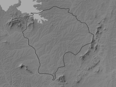 Yamoussoukro, Fildişi Sahili 'nin özerk bölgesi. Gölleri ve nehirleri olan gri tonlama yükseklik haritası