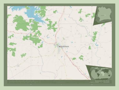 Yamoussoukro, Fildişi Sahili 'nin özerk bölgesi. Açık Sokak Haritası. Bölgenin büyük şehirlerinin yerleri ve isimleri. Köşedeki yedek konum haritaları