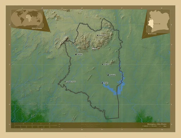 Montagnes District Cote Ivoire Colored Elevation Map Lakes Rivers Locations — Stock Photo, Image