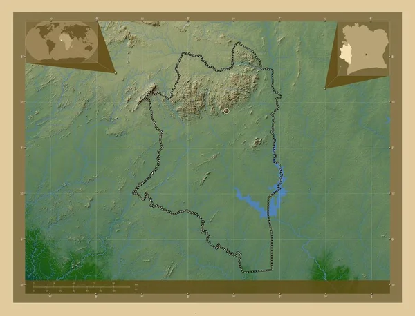 Montagnes Distriktet Elfenbenskusten Färgade Höjd Karta Med Sjöar Och Floder — Stockfoto